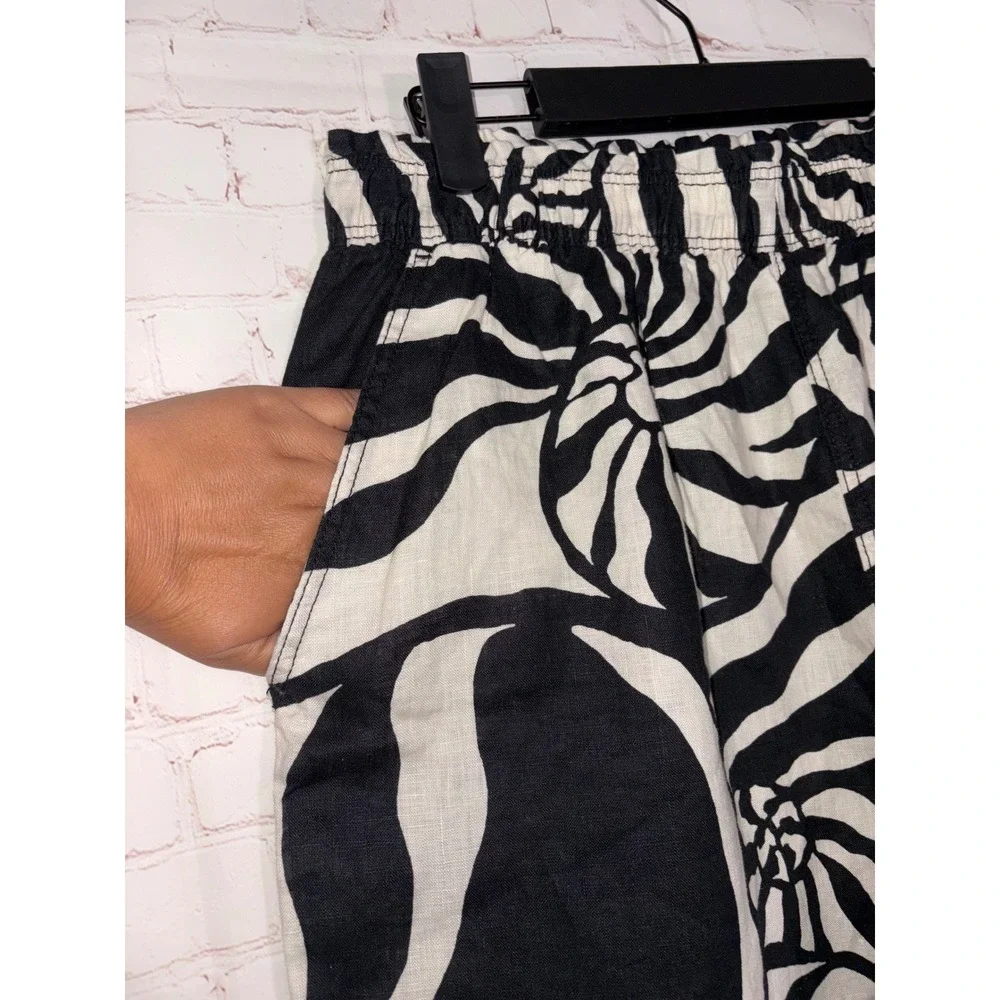 HM Premium Selection Natural Linen Wide Leg Pants Black White Swirl Shell M
